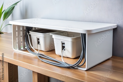 White cable management box with bins for organized wires