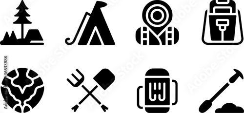 Explore camping icons set adventure travel outdoor recreation equipment nature tourism summer vacation 100 editable stock vector illustration