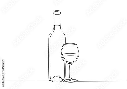 Continuous line drawing of a wine bottle and glass on a white background in simple minimalist style