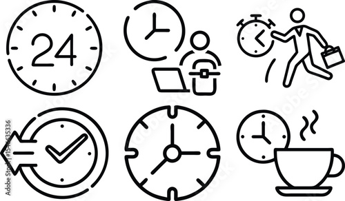 Timer and stopwatch icon set – silhouette style productivity, scheduling, and time management symbols: 5 min, 10 min, 20 min, clock, 30 min, countdown.
