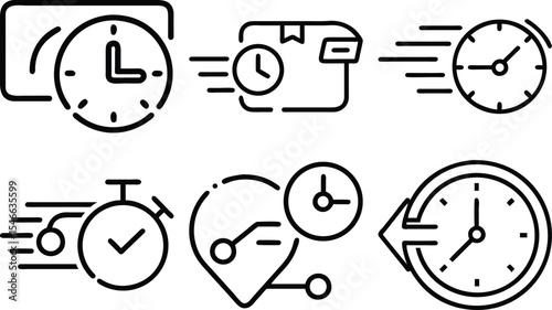 Timer and stopwatch icon set – silhouette style productivity, scheduling, and time management symbols: 5 min, 10 min, 20 min, clock, 30 min, countdown.
