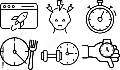 Timer and stopwatch icon set – silhouette style productivity, scheduling, and time management symbols: 5 min, 10 min, 20 min, clock, 30 min, countdown.
