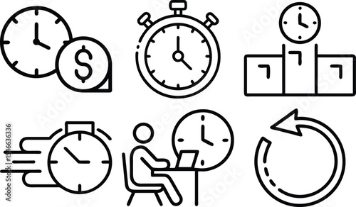 Timer and stopwatch icon set – silhouette style productivity, scheduling, and time management symbols: 5 min, 10 min, 20 min, clock, 30 min, countdown.
