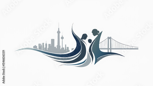 Abstract vector logo of intertwined family members and cityscape elements, using negative space creatively for a sleek and professional look.