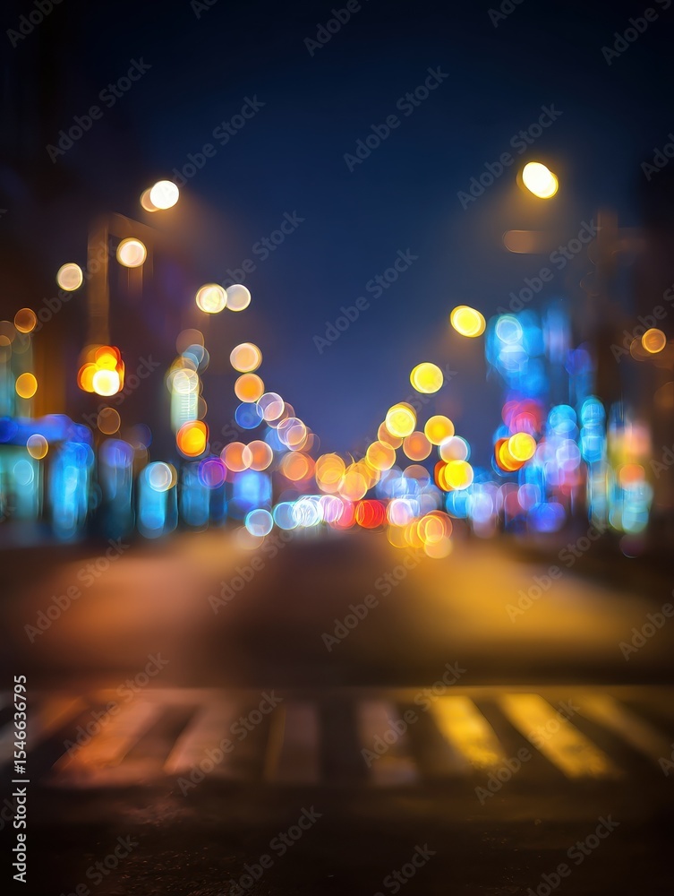 Fototapeta premium Abstract blurred night street lights background. Defocused image of a city street at night.