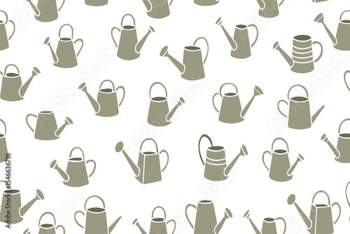 Seamless pattern of green watering cans in flat style. Agriculture and green ecology concept. Hand drawn watering can collection. Isolated on white background. Vector. 