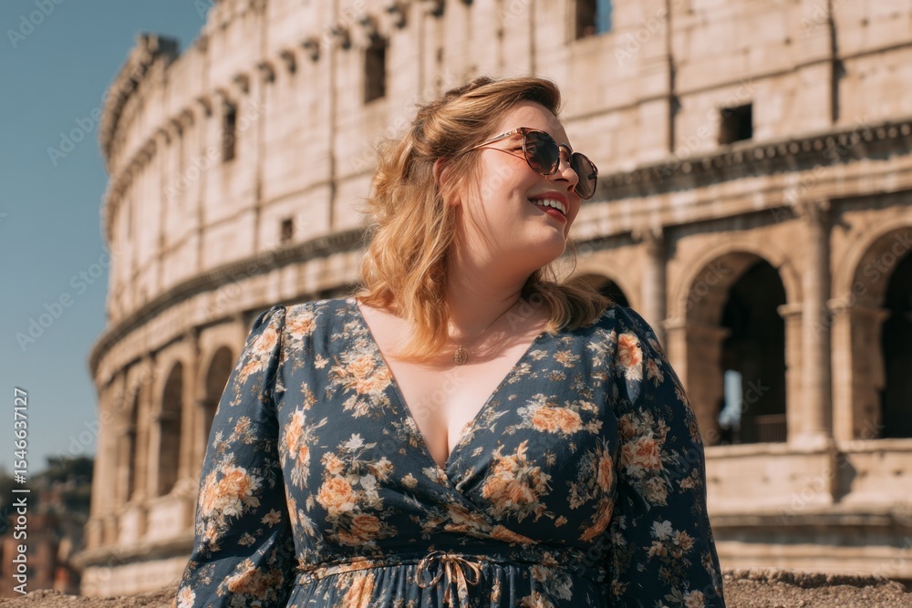 Fototapeta premium Stylish woman in floral dress enjoying sunny day by Venetian canal in Italy. Plus Size Travel Outfit Inspiration
