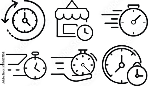 Timer and stopwatch icon set – silhouette style productivity, scheduling, and time management symbols: 5 min, 10 min, 20 min, clock, 30 min, countdown.
