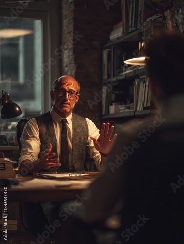 A scene in an office where a successful businessman is engaging in a poised and articulate conversation during a job interview.