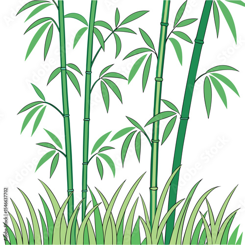 Cartoon green bamboo stalks and grassy plants are shown against a transparent background