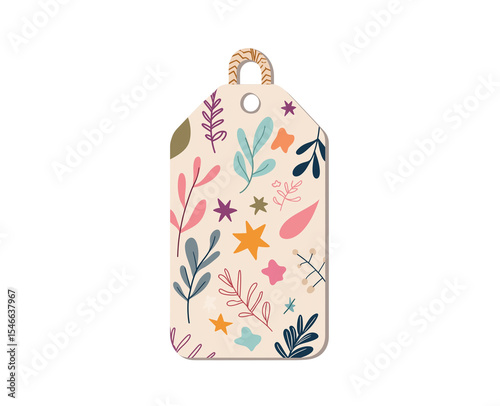 Colorful Botanical Gift Tag with Rope and Hand-Drawn Floral Pattern on Transparent Background