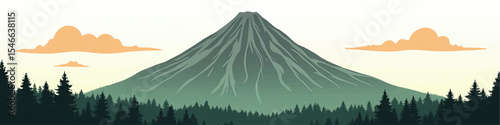 Serene Mountain Landscape Illustration with Pine Forest, Sunrise Clouds, and Tranquil Nature Scenery in Minimalist Vector Art