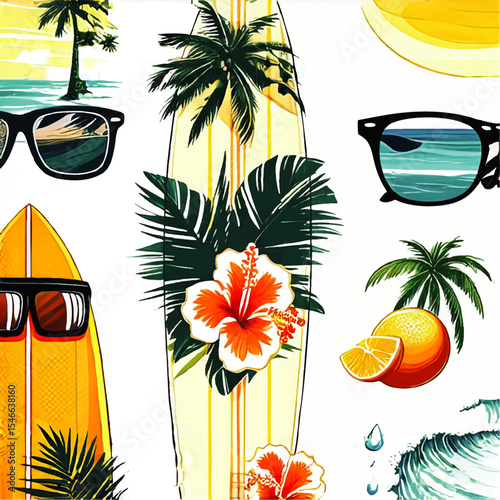 Tropical Summer Beach Pattern with Surfboards, Sunglasses, Palm Trees, Hibiscus, Oranges, Ocean Waves, and Sun – Vibrant Watercolor Seamless Design