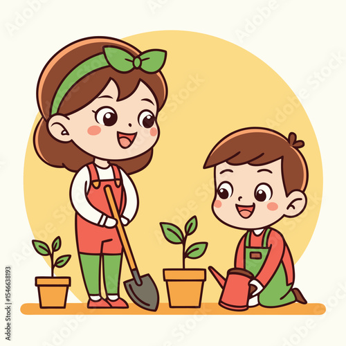 Happy cartoon girl watches boy water the potted plant in a bright scene
