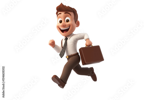 Happy 3D Cartoon Businessman Running with Briefcase on Transparent Background