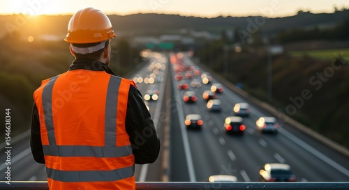 A worker in safety gear overlooks a highway at dusk, facing a blur of headlights.