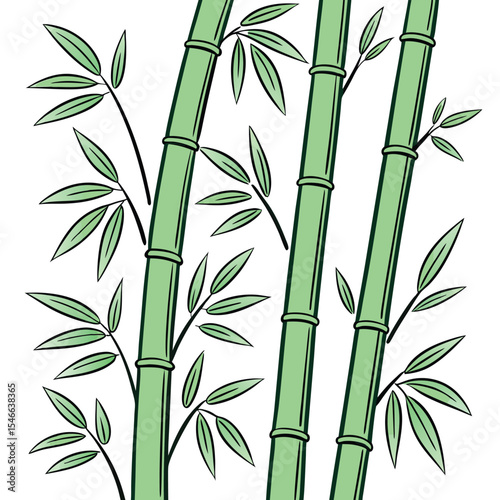 Light green bamboo stalks rise upwards with leafy branches in a serene, natural pattern