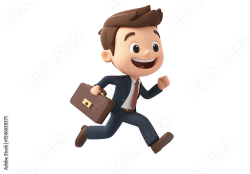 3D Cartoon Businessman in Dark Suit Running with Briefcase on Transparent Background