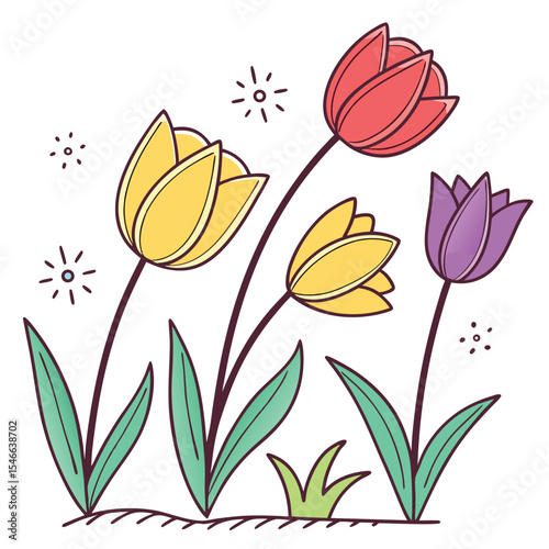 Three colorful tulips bloom cheerfully with whimsical sparkles on a transparent background