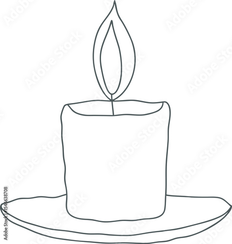 Minimalist line art illustration of a single burning candle on a round plate, perfect for themes of peace, meditation, celebration, remembrance, and spiritual ambiance design.