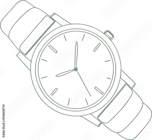 Minimalist wristwatch line art illustration showing elegant analog timepiece with leather strap, perfect for design, fashion accessory concepts, and vintage or modern style themes.