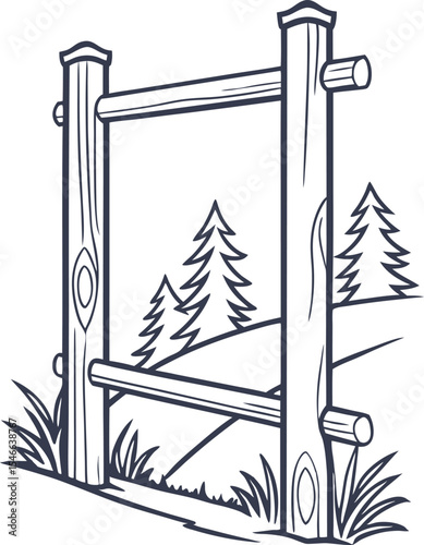 Rustic wooden fence line art illustration with pine trees and hilly landscape background, ideal for countryside, farming, outdoor scenery, natural border, or rural concept designs.