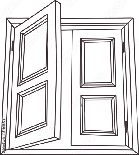 Hand-drawn vintage wooden window outline illustration with one panel open, perfect for home  architectural design, interior, renovation, or antique construction themes.