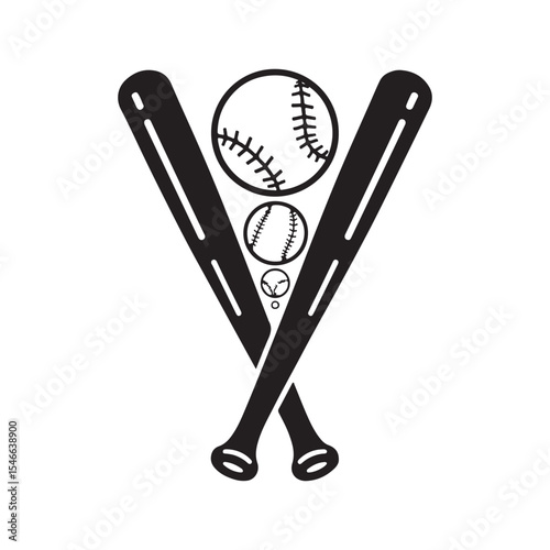 Bats crossed with ball in black and white, Clipart image isolated on white background