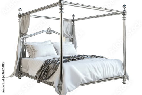 A luxurious silver canopy bed beckons with crisp white linens and a draped gray throw on transparent background
