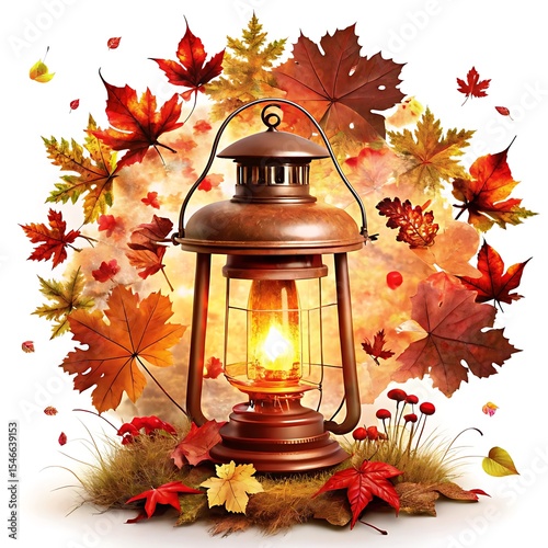 Vintage lantern surrounded by colorful autumn leaves isolated on white background