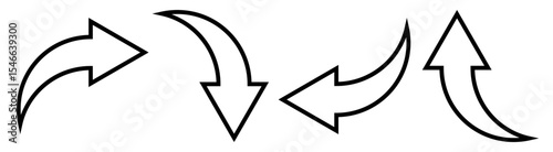 Curved Arrow Icon Set in black outline– Flat Vector Arrows for Direction and Navigation, EPS-10
