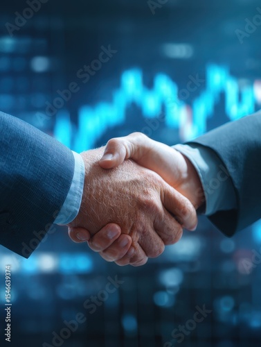 Business handshake on digital background with financial graphs, symbolizing partnership and collaboration in modern environment