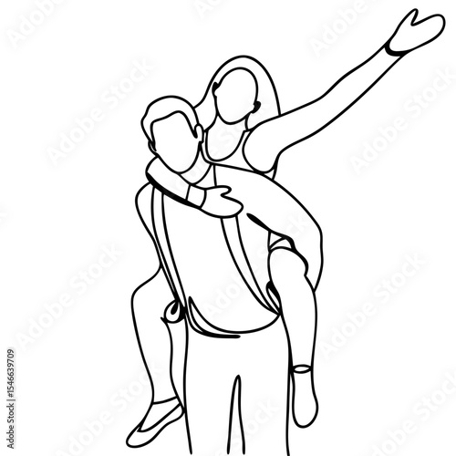 Man lifting woman piggyback ride joyful couple. Happy couple enjoying playful moment together. Line art illustration perfect for romantic relationship concepts or joyful partnership themes.