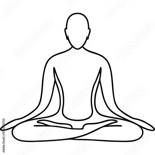 Person sitting in lotus pose, practicing mindfulness and meditation. Simple line art illustration of serene figure in peaceful posture, perfect for wellness applications.
