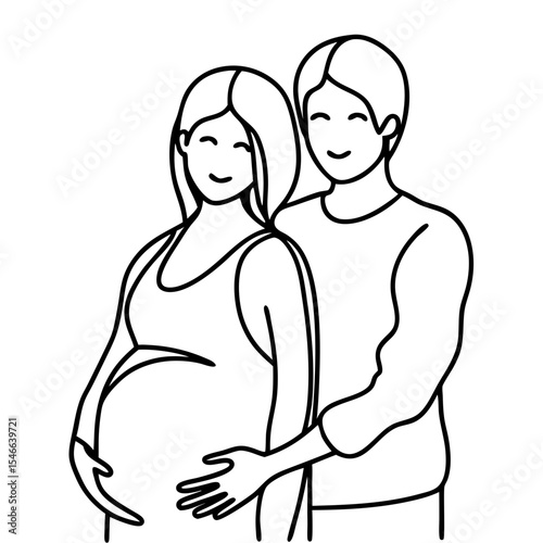 Expectant parents embracing, line art illustration. Pregnant woman and partner lovingly touch her belly. Simple line drawing of happy couple anticipating baby's arrival.
