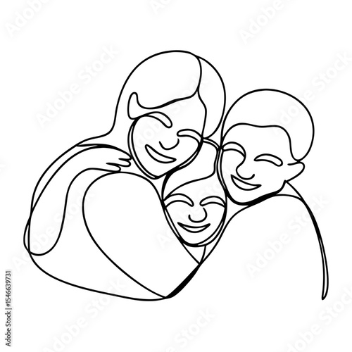 Happy family group hug line art illustration. Loving parents embrace their child in a heartwarming family group hug.