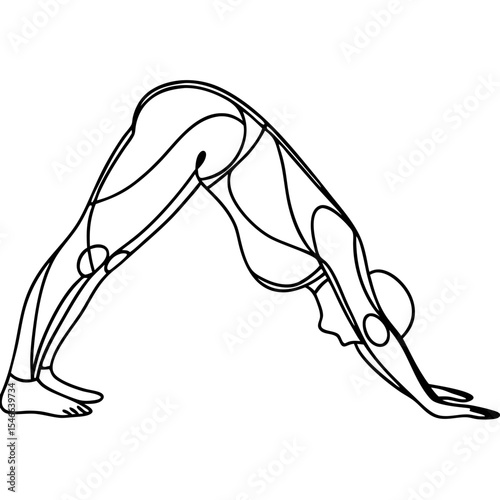 Yoga downward dog pose line art illustration. Woman practicing yoga stretch position in downward facing dog asana. Elegant line drawing for yoga studio brochure or fitness class poster.