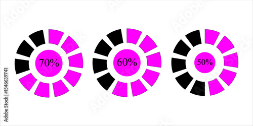 Circular Percentage Icons – Flat Vector Set Showing 50%, 60%, and 70% Progress