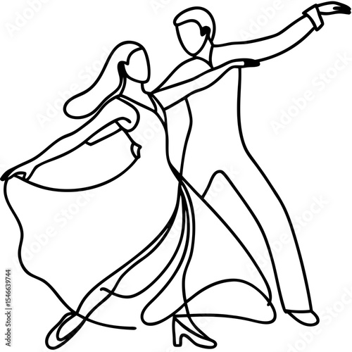Elegant couple dancing together in graceful pose. Line art depicts romantic ballroom dance.  This line drawing is perfect for dance studio brochures and websites.