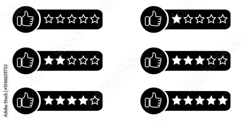 Rating Icon Set in black and white – Batch of Review and Feedback Symbols in Flat Vector Style

