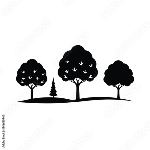 Silhouette of trees on a hill with white background and evergreen tree