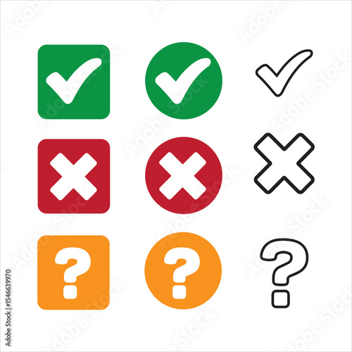 Cross check mark exclamation mark isolated sign symbol. Set of check mark or exclamation mark icons silhouette Vector illustration on white background 