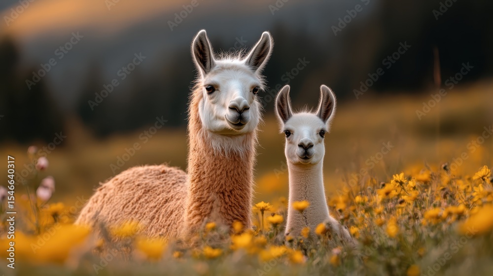 Naklejka premium A serene image capturing two llamas, a mother and her young one, in a beautiful meadow filled with colorful flowers, conveying a sense of warmth and togetherness in nature.