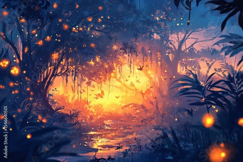 Enchanted Forest at Dusk with Glowing Fireflies and Mystical Light