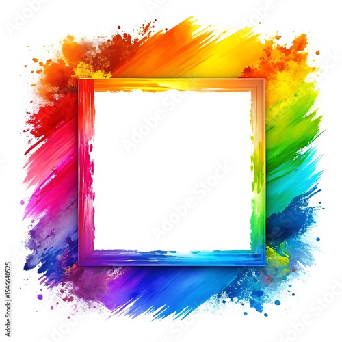 A square frame surrounded by a rainbow of paint splashes isolated on white background