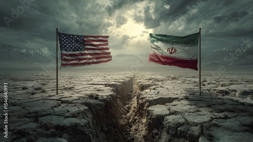 USA and Iran flags over dramatic rift in cracked earth