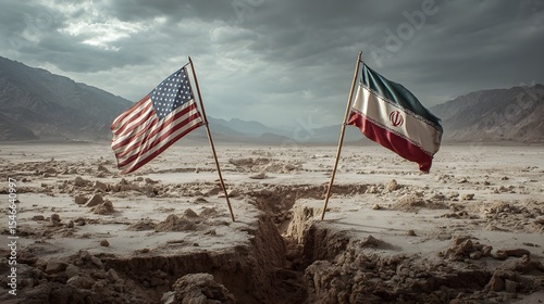 USA and Iran flags face off over cracked desert