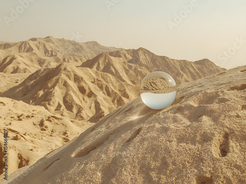 Desert Landscape Reflection: A clear sphere delicately rests upon a sandy terrain, artfully reflecting the vast, undulating panorama of a desolate desert landscape.
