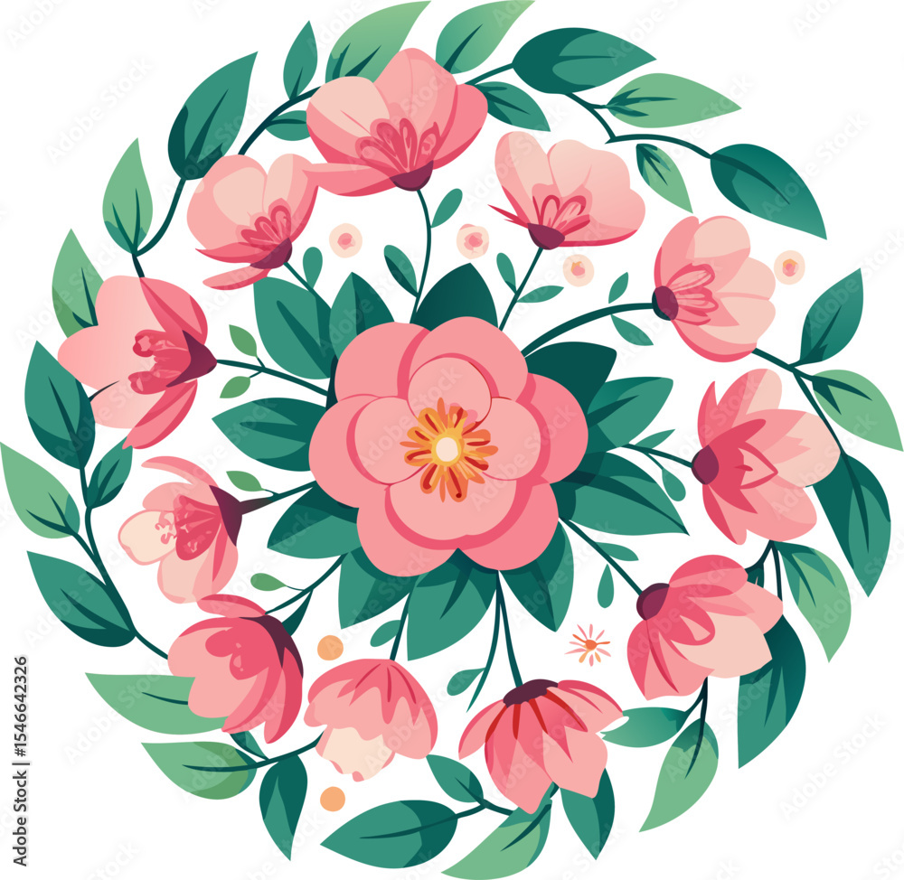 Obraz premium Flower vector illustration featuring pink blossoms in a circular arrangement showcasing floral design. Modern botanical poster.