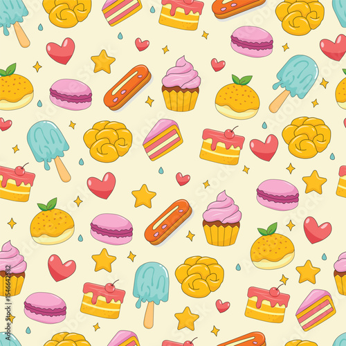 seamless pattern with desserts, ice cream, cakes on a light background